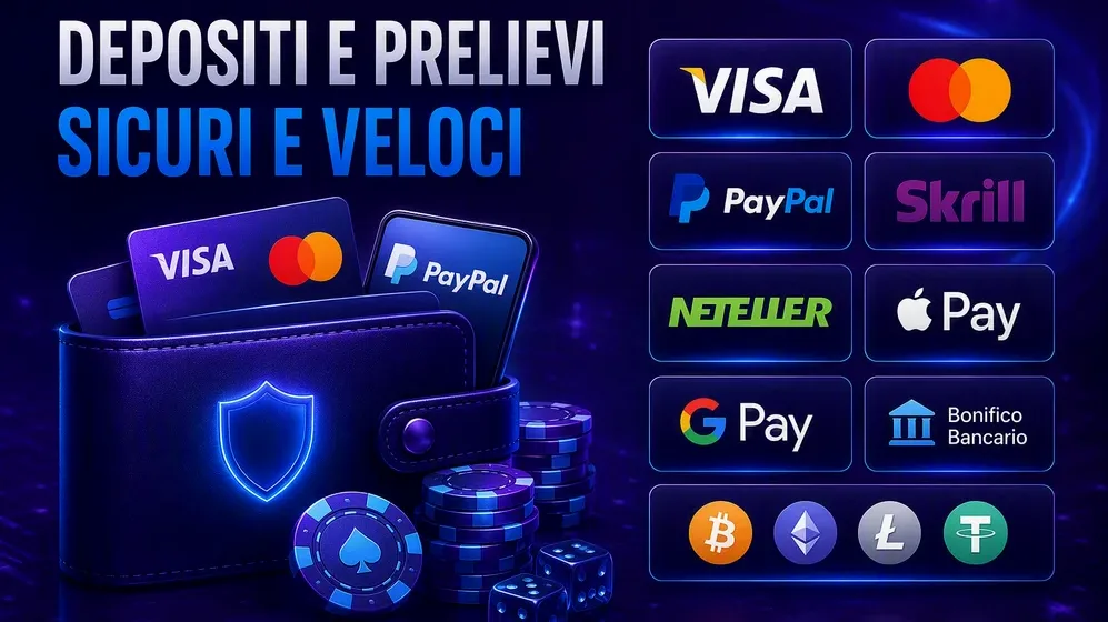 loghi metodi pagamento Visa PayPal Bitcoin su sfondo scuro